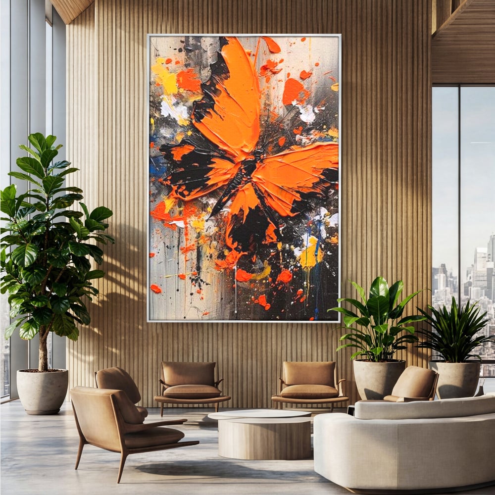 Tablou canvas cu tablou canvas cu fluture portocaliu pe fundal antracit, in rama de aluminiu argintiu, pe perete intr-un birou